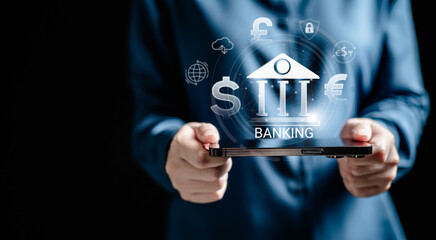 Businesswomen use smartphone connecting digital banking global network virtual, smart fintech service, exchange currency, Financial innovation technology online, financial and investment.