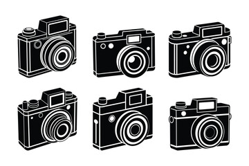 Nostalgic set of old camera silhouettes perfect for photography-themed designs. Ideal for logos, posters, t-shirts, and branding projects. High-quality scalable vector graphics for versatile use.