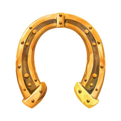 A gold colored horseshoe with a black center. The horseshoe is drawn in a cartoon style