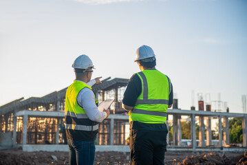 Two Architect man discussing about the building plan and see how the construction progressive at the construction site