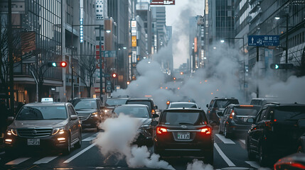 Busy urban street with traffic and exhaust fumes