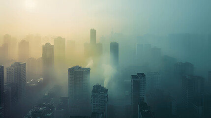 Cityscape shrouded in smog and haze