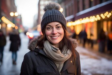 Fototapeta premium Portrait of a grinning woman in her 40s dressed in a warm ski hat in vibrant market street background