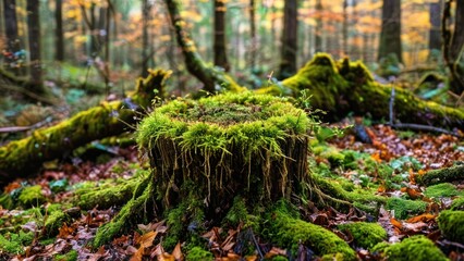 a moss covered stump in the middle of a forest