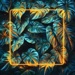 Vibrant tropical leaves with neon frame glowing in the dark, creating a modern and vibrant aesthetic.