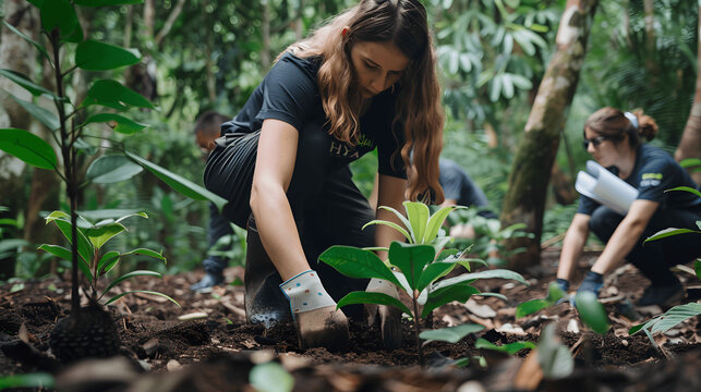 Volunteers planting trees in reforestation project