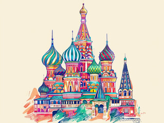 Risograph riso print travel poster, card, wallpaper or banner illustration, modern, isolated, clear and simple of St. Basil's Cathedral, Moscow, Russia. Artistic, screen printing, stencil backdrop 