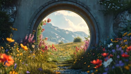 Serene floral path leading to mountain view through circular arch, vibrant colors. Generative AI