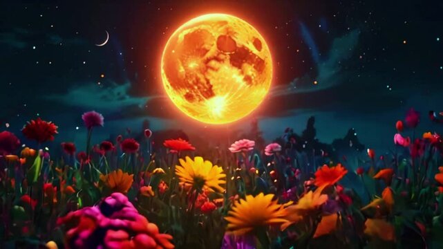 A garden filled with giant, glowing flowers of all colors. The flowers open and close with the movement of the sun and moon, and tiny sprites tend to the garden, ensuring everything stays perfect, 4K