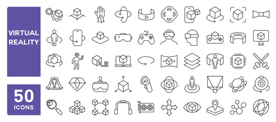 Set of 50 line icons related to virtual reality, augmented reality, panorama view, VR helmet, 360 degree, virtual world, Editable stroke. Vector illustration