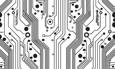 black and white seamless circuit board connection system vector pattern