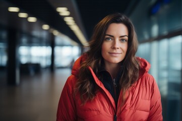 Obraz premium Portrait of a content woman in her 30s sporting a quilted insulated jacket in front of sophisticated corporate office background
