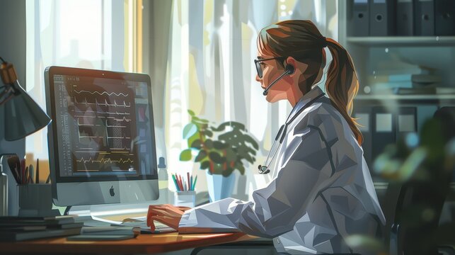 Doctor explaining medical information on a video call, supportive and professional, illustration background