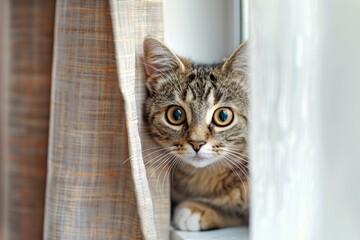 Obraz premium A cat is peeking out from behind a curtain