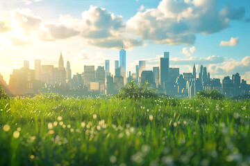 A beautiful meadow with lush greenery and flowers, with a city skyline of skyscrapers in the background, blending nature and urban life.