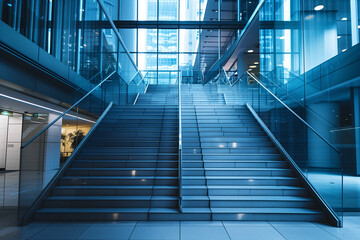 Obraz premium Staircase made of glass and steel, creating an elegant and modern atmosphere in the lobby of the building. 