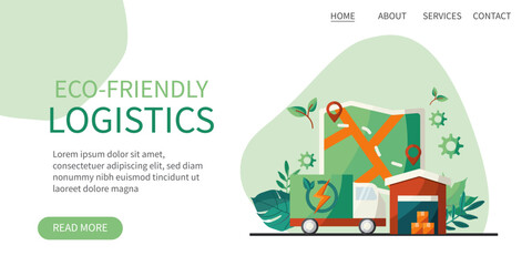 Naklejka premium Eco-Friendly logistics concept. Web page design Illustration with Delivery Truck, Map, and Warehouse. Supply chain management. Eco-friendly supply chain illustration. Eco-friendly delivery. for web