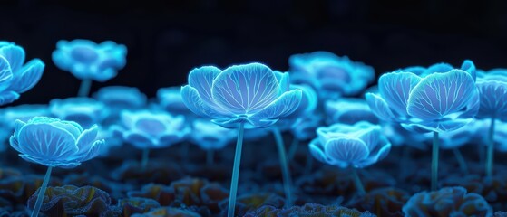 A conceptual biotech garden showcases genetically enhanced flowers that glow in the dark and interact with humans through subtle movements and changes