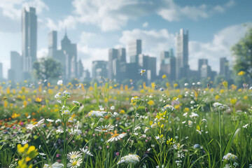 A beautiful meadow with lush greenery and flowers, with a city skyline of skyscrapers in the background, blending nature and urban life.