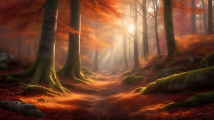 Autumn Forest ,light rays fall landscape tree,Fantasy Background Magic Forest