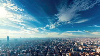 A cityscape during a sunny afternoon, with clear blue skies and shadows casting interesting patterns on the cityscape below.