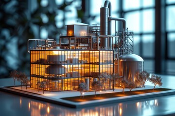 Building of facility design. Factory or manufacturing facility or plant, energy and resource delivery and collection see through model