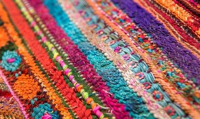 Obraz premium close-up of colorful bohemian woven rug, handwoven multicolored textured fabric with intricate stitching and braided threads