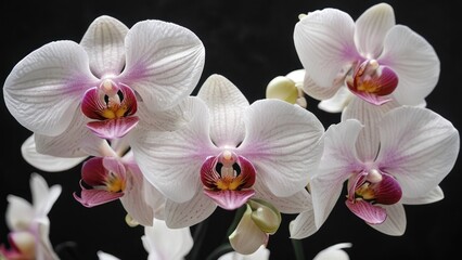 a group of pink and white orchids on a black and white background