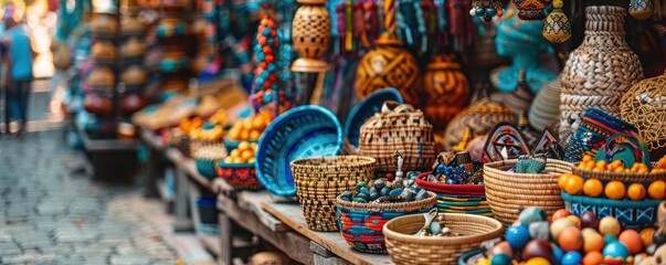 Fototapeta premium A market with many baskets and bowls of different colors and sizes