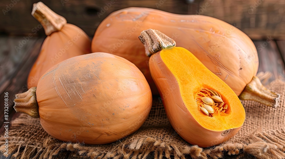 Poster a bunch of orange squash with one of them cut open. the squash are sitting on a table