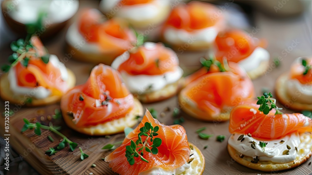 Poster a plate of appetizers with salmon and herbs on top. the appetizers are arranged in a neat row on a w