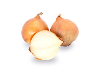 Fresh Yellow Onion bulbs and half isolated on white background.