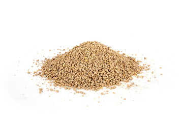Poultry Feed for animal (Chicken). Food for newborn chick. Mash feed pile isolated on white...