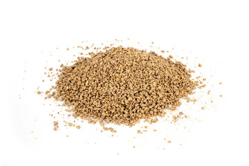 Poultry Feed for animal (Chicken). Food for newborn chick. Mash feed pile isolated on white background.