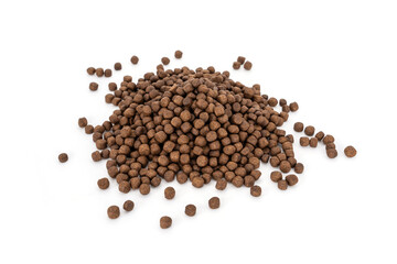 Fish Feed for animal (Catfish). Food for Catfish. Pellet feed pile isolated on white background.