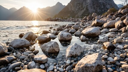  rocks are on the shore in the mountains,