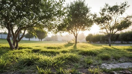  an empty grassy area with tree and bushes,