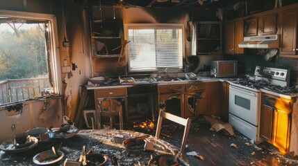 Damaged Home Interior After Kitchen Fire, Sooty Walls and Charred Debris
