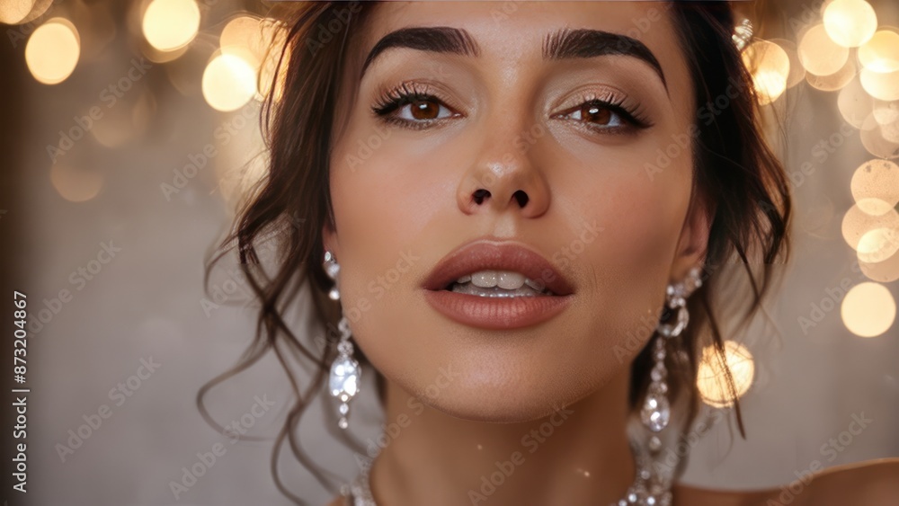 Wall mural  close up portrait of a beautiful woman with dangling jewelry and glowing lighting at the background in this shot from below to right angle closeup shot of mouth only up photo,