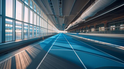 an indoor track, with a blue tail wing, ultra clear 8k, photographed at a 45 Â° angle on the left front 