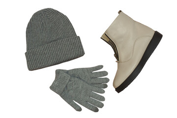 a set of women's autumn and winter clothes, gray hat and gloves and boots on a white background, women's clothing accessories