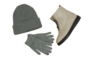 a set of women's autumn and winter clothes, gray hat and gloves and boots on a white background, women's clothing accessories