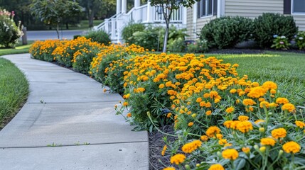 Yellow Marigolds in Full Bloom Lining Curved Walkway of Colonial Style Suburban Home on Late Summer Morning