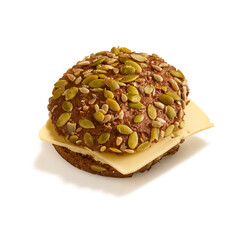 Burger isolated on dark background. Burger clipping path. Top view. Selective focus and copy space. 