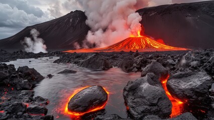  lava, rocks and a lake at the base of an active volcano,