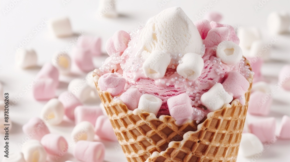 Sticker Marshmallows in an ice cream waffle cone on a white background