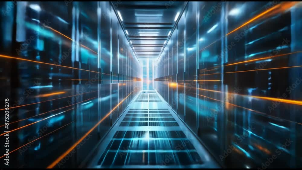 Poster concept data center security, server racks, cybersecurity systems, digital connections, high-tech en