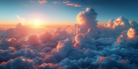 A stunning panoramic image of the sky during the golden hour, featuring vibrant hues and glowing clouds illuminated by the setting sun. The image captures the magical and serene atmosphere of twilight