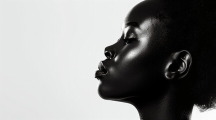 Black and white photo of side profile portrait of an african girl, seamless white background, high contrast 