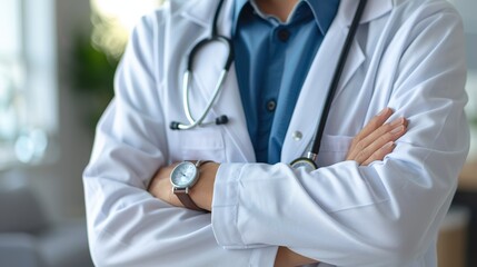 Doctor holding a stethoscope, hands crossed, high detail, realistic photo, illustration background